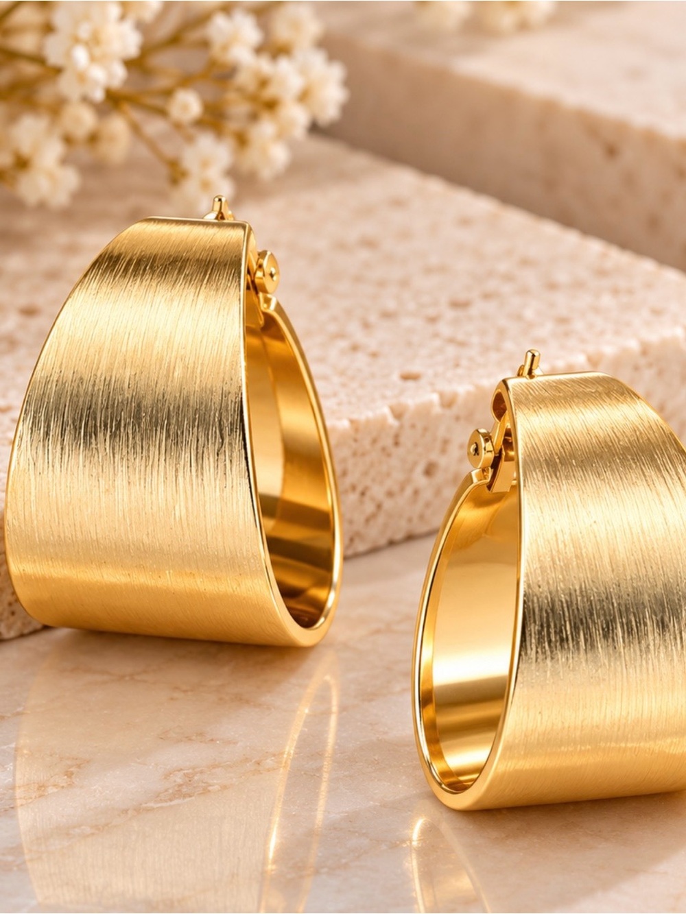 18K stainless steel Gold-Tone Brushed Wide Hoop Earrings - Women Jewelry
